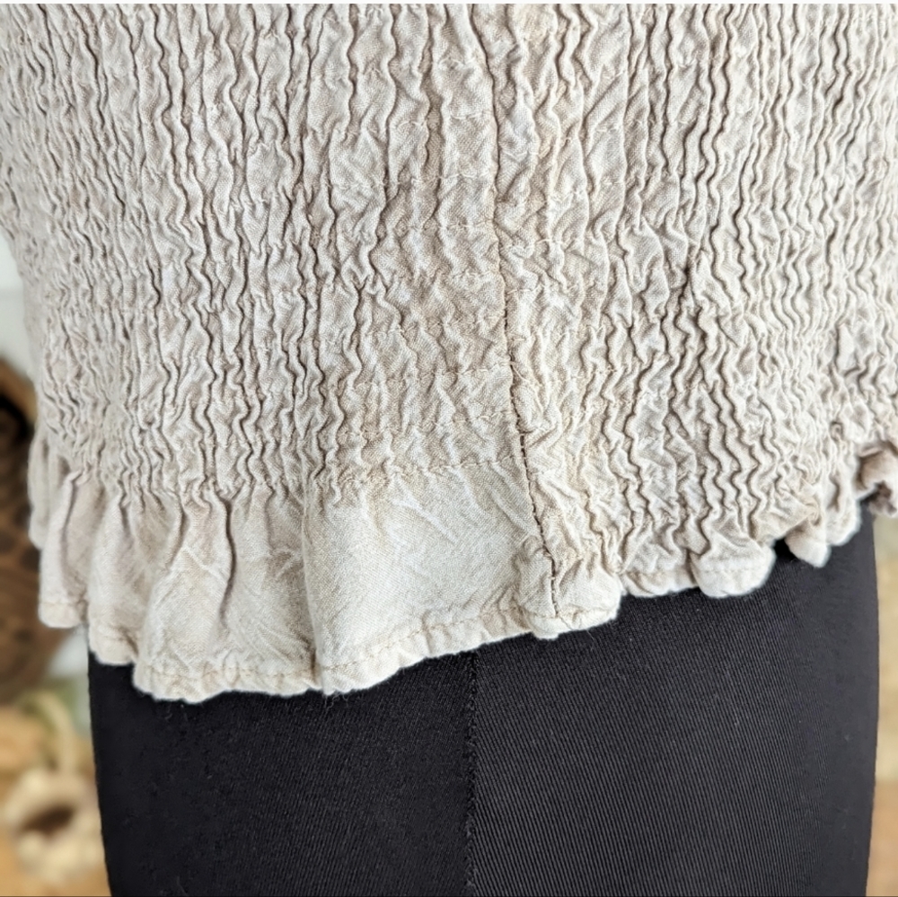 Vintage Hippie Crop Top Smocked Neutral Free Size Tee Beach Coastal Cowgirl - Picture 9 of 14